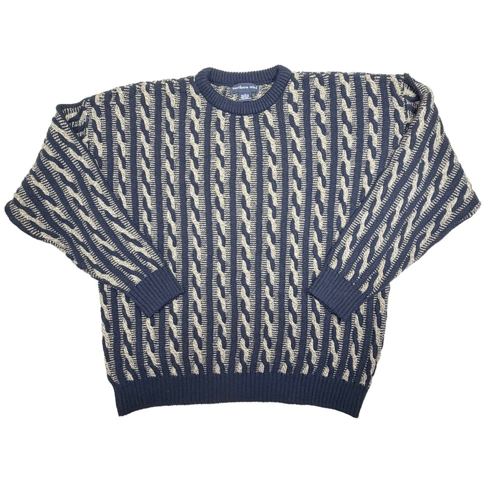 Northern Isles Cable Knit Sweater Men's Large Blue Cotton USA Fisherman